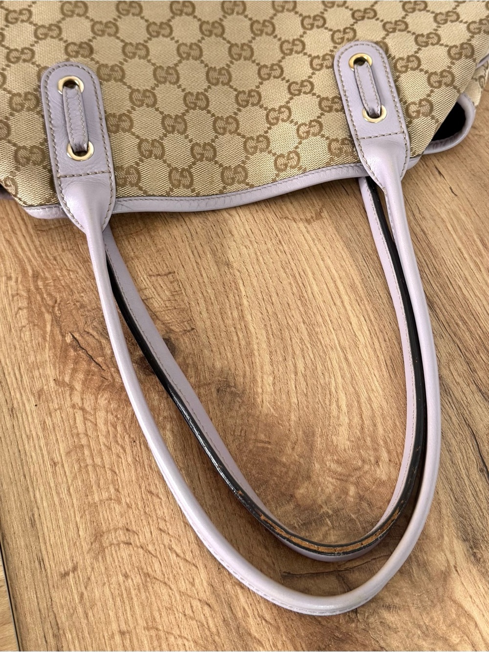 Authentic Gucci GG Monogram Canvas Princy Tote Beige Purple Leather Shoulder Bag - Picture 13 of 16